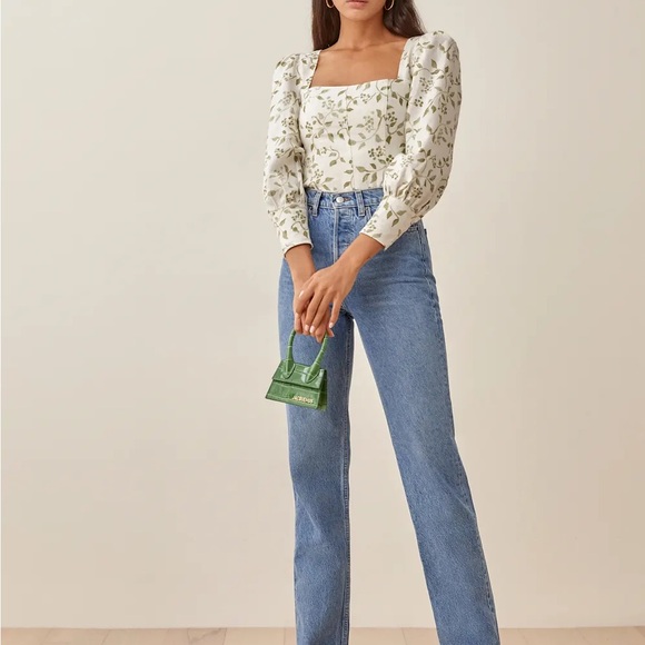 Reformation Stilton Linen Top/ floral Square Neck Blouse - Picture 2 of 6